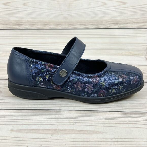Cosyfeet Laura Mary Jane Women 9 Extra Wide Navy Blue Floral Comfort Shoes (6E) - Picture 7 of 16